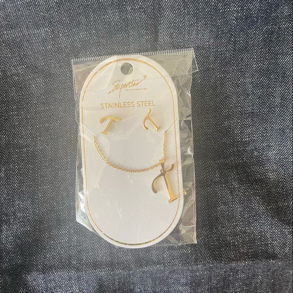 “T” Stainless Steel Earring and Necklace Set - Picture 1 of 2